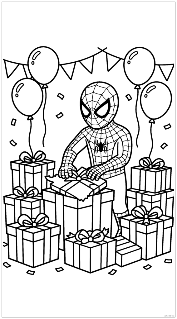 Spiderman opent cadeautjes omringd door geschenkdozen en feestversieringen