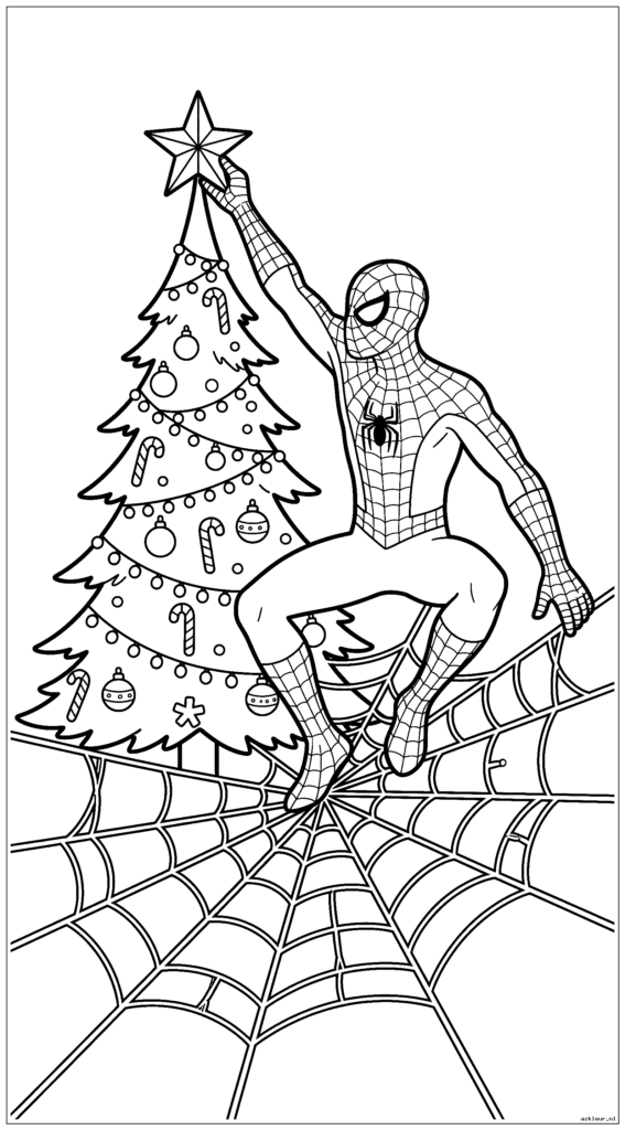 Spiderman plaatst een ster bovenop de kerstboom terwijl hij balanceert op zijn web