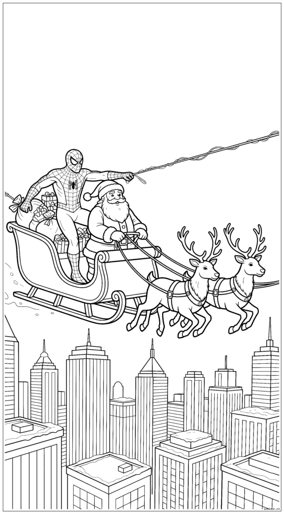 Spiderman rijdt in de slee van de Kerstman terwijl hij helpt bij het navigeren door de stad