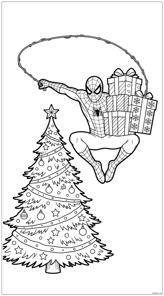 Spiderman slingert rond een kerstboom terwijl hij ingepakte cadeautjes bij zich heeft