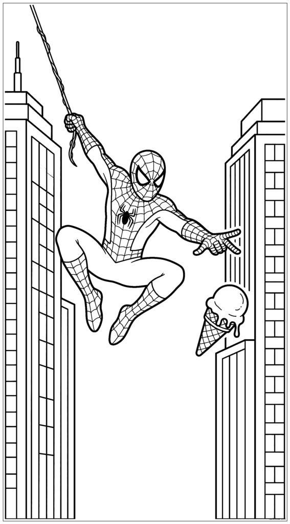 Spiderman slingert tussen wolkenkrabbers terwijl hij een vallend ijshoorntje opvangt