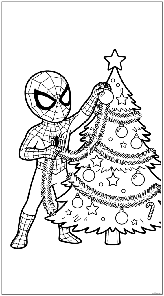 Spiderman versiert een kerstboom met ornamenten en klatergoud