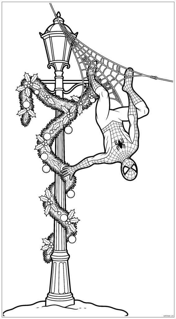 Spiderman versiert lantaarnpalen met kerstslingers terwijl hij aan zijn web hangt
