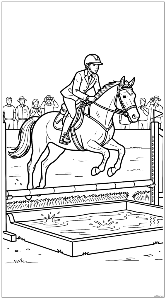 Springruiter nadert een watersprong met toeschouwers op de achtergrond