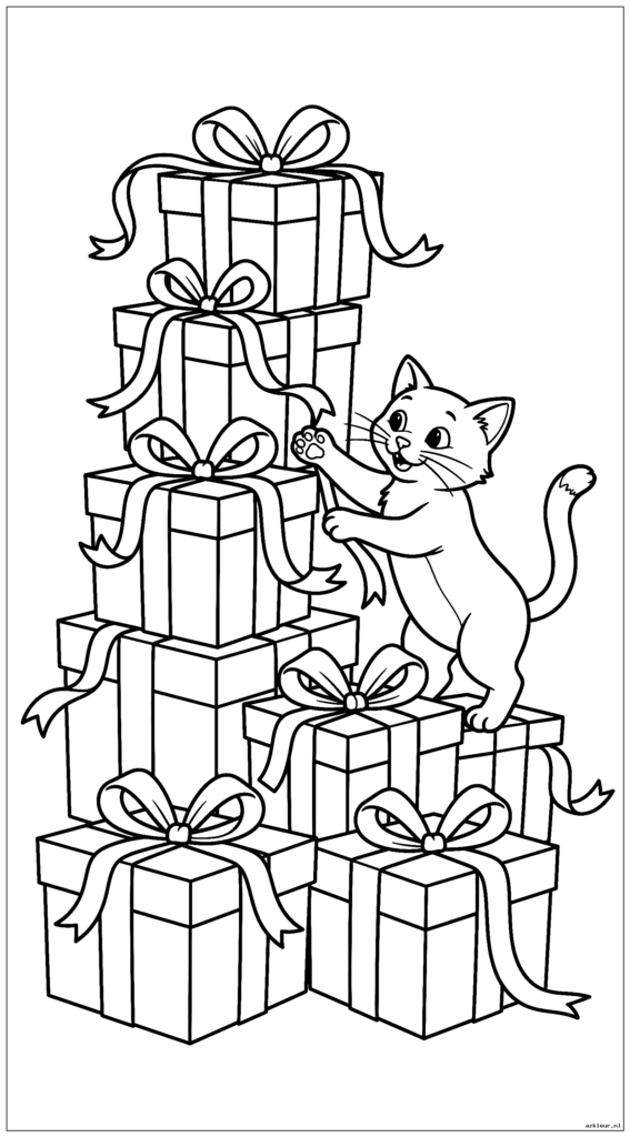 Stapel ingepakte kerstcadeautjes met een speelse kat die tegen de linten slaat