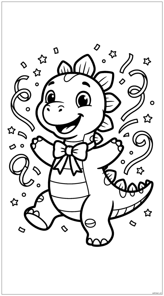 Stegosaurus danst met slingers en confetti terwijl hij een vlinderdas draagt