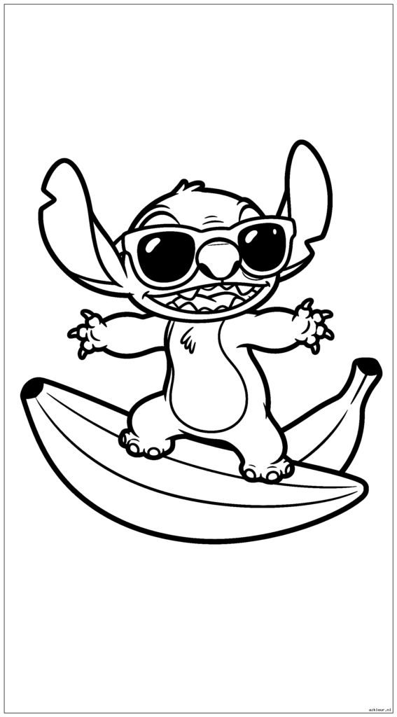 Stitch draagt ​​een oversized zonnebril en probeert te surfen op een banaan