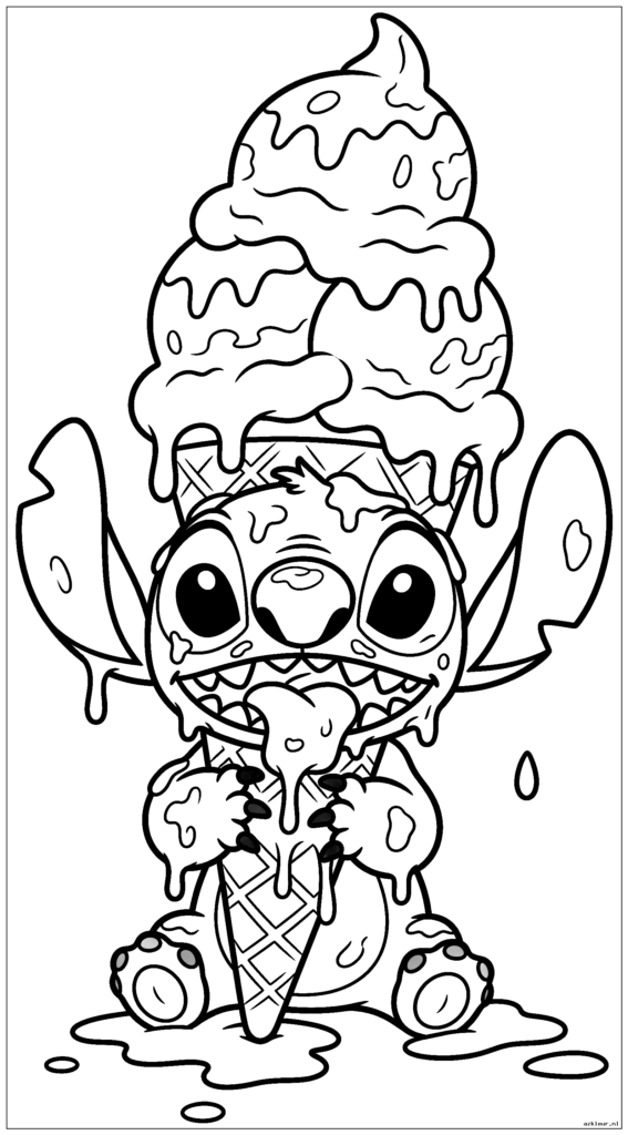 Stitch eet rommelig een gigantisch ijshoorntje met ijs over zijn hele gezicht