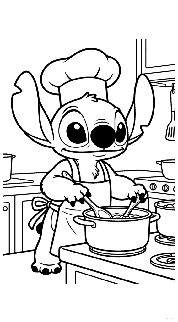 Stitch koken in de keuken met een koksmuts en schort
