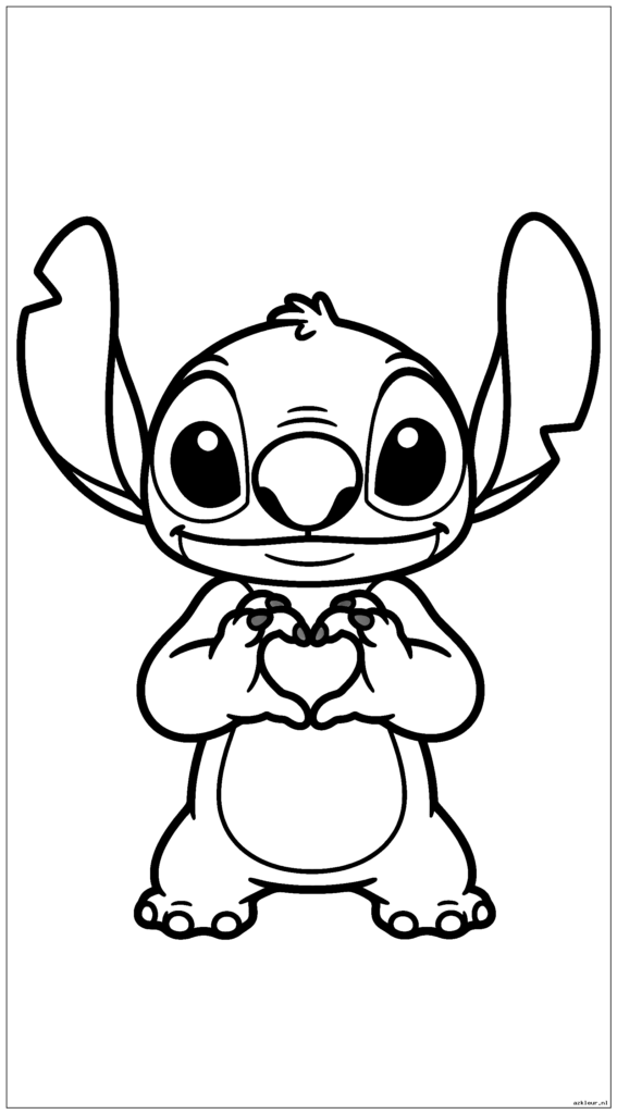 Stitch maakt een hartvorm met zijn handen terwijl hij lief lacht
