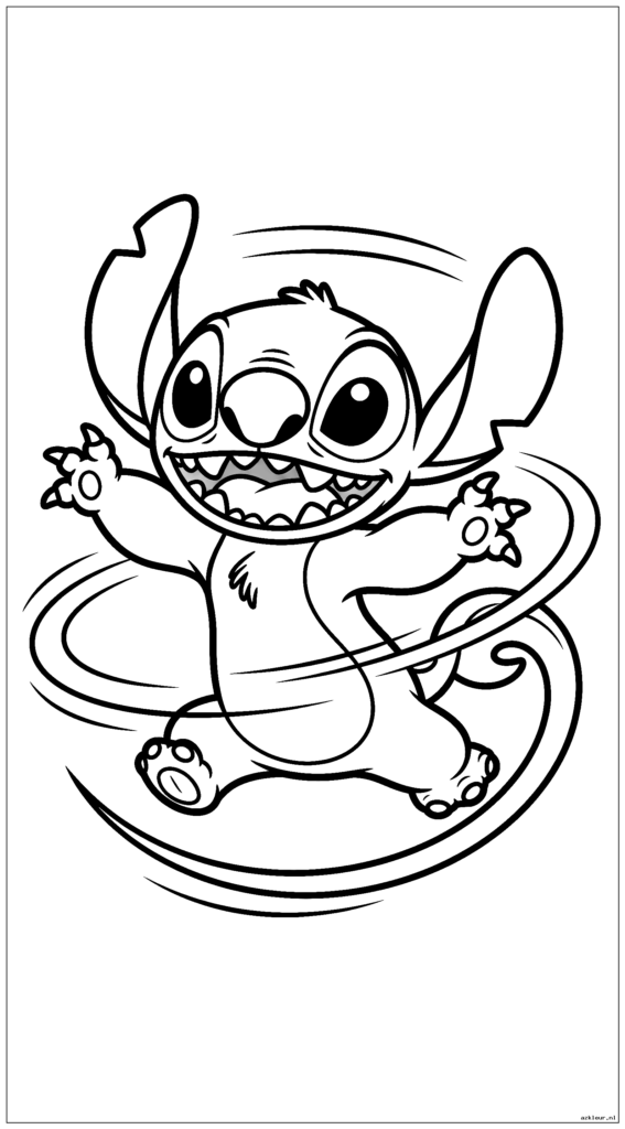 Stitch probeert zijn eigen staart te vangen terwijl hij rondjes draait