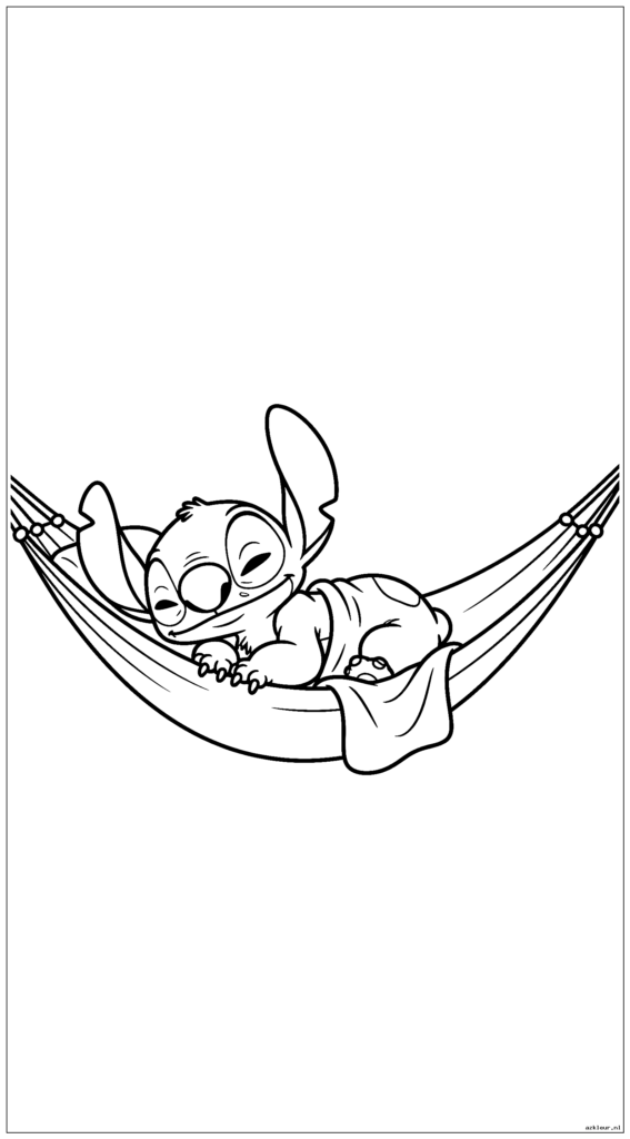 Stitch slaapt rustig in een hangmat met een klein dekentje