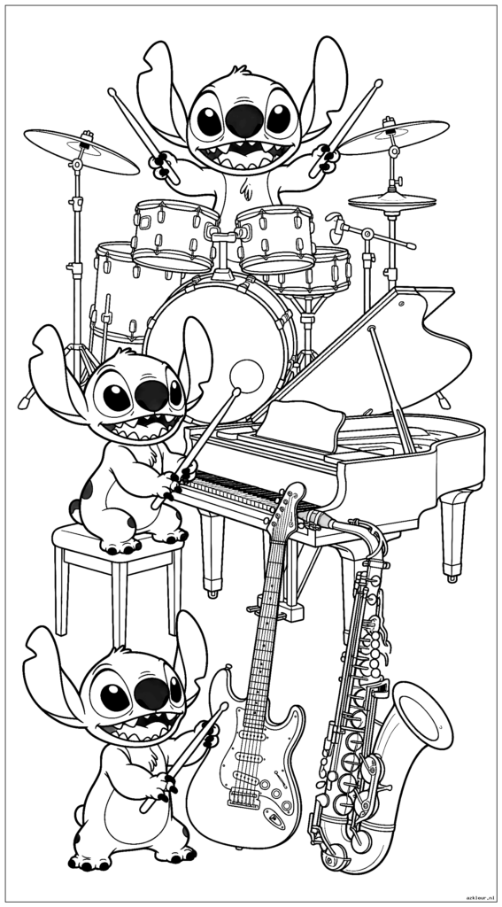 Stitch speelt meerdere muziekinstrumenten in een opstelling met één buitenaardse band