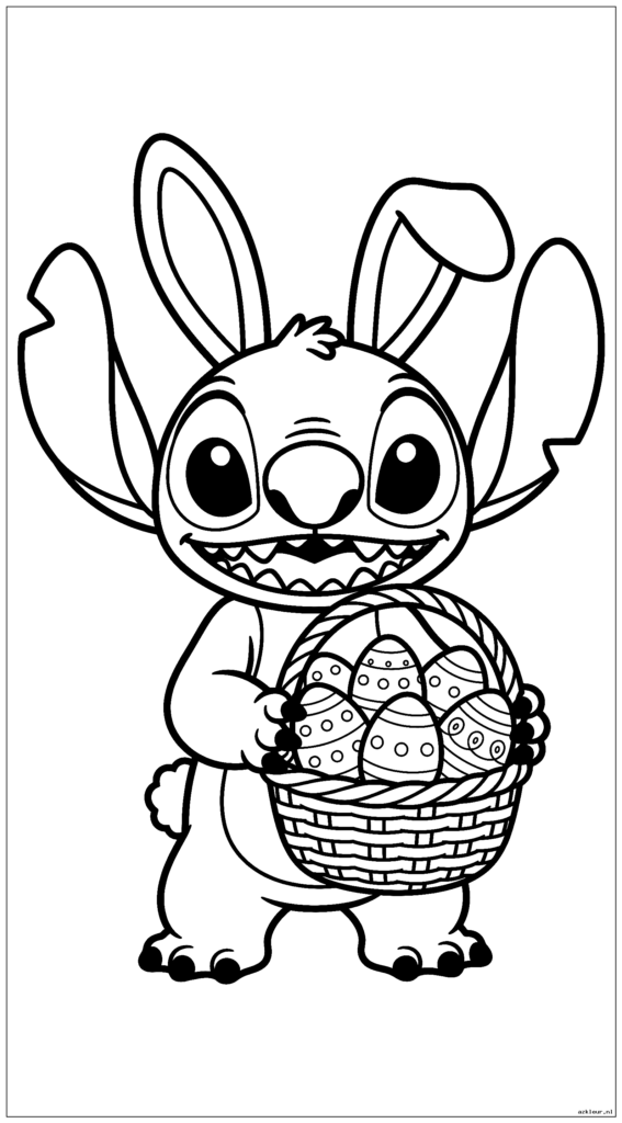 Stitch verkleed als konijntje met een paasmandje vol eieren in zijn hand