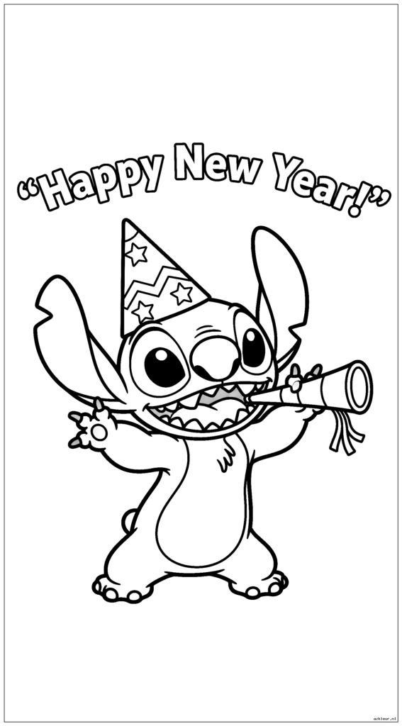 Stitch viert oudejaarsavond met feesthoed en noisemaker