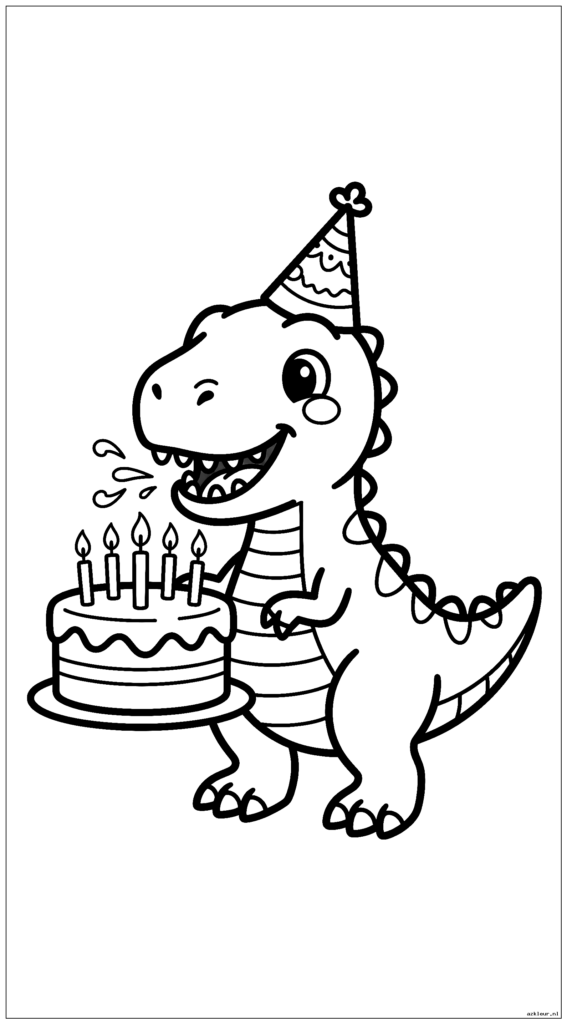 T-Rex draagt ​​een feesthoed en blaast kaarsjes uit op een verjaardagstaart