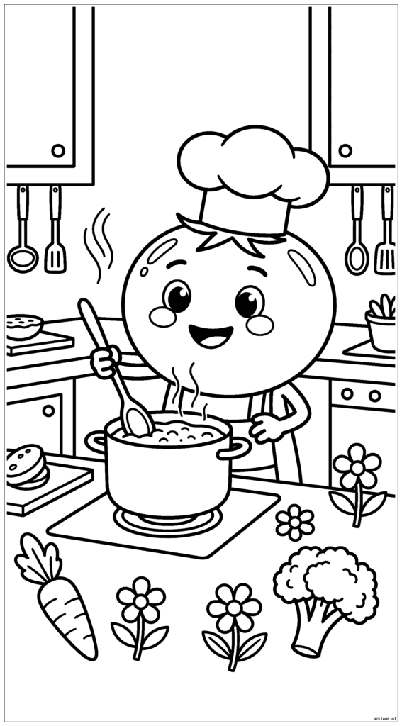 Tomaat draagt een koksmuts en kookt in een keuken