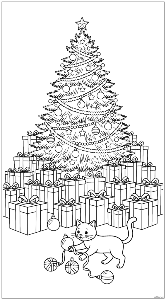 Torenhoge kerstboom omringd door bergen ingepakte cadeautjes terwijl een kat speelt met gevallen ornamenten