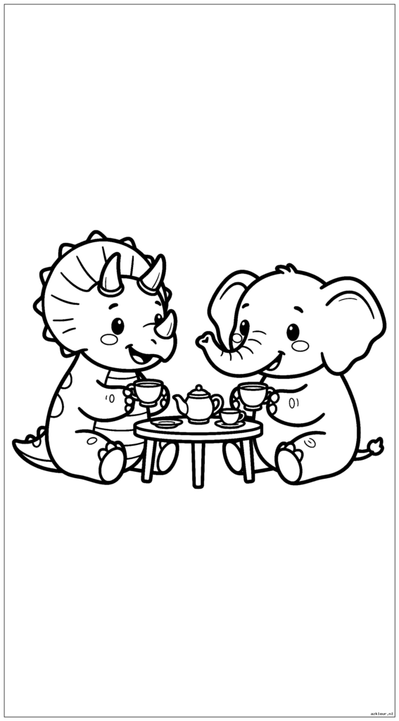 Triceratops en olifant houden een theekransje met kleine theekopjes