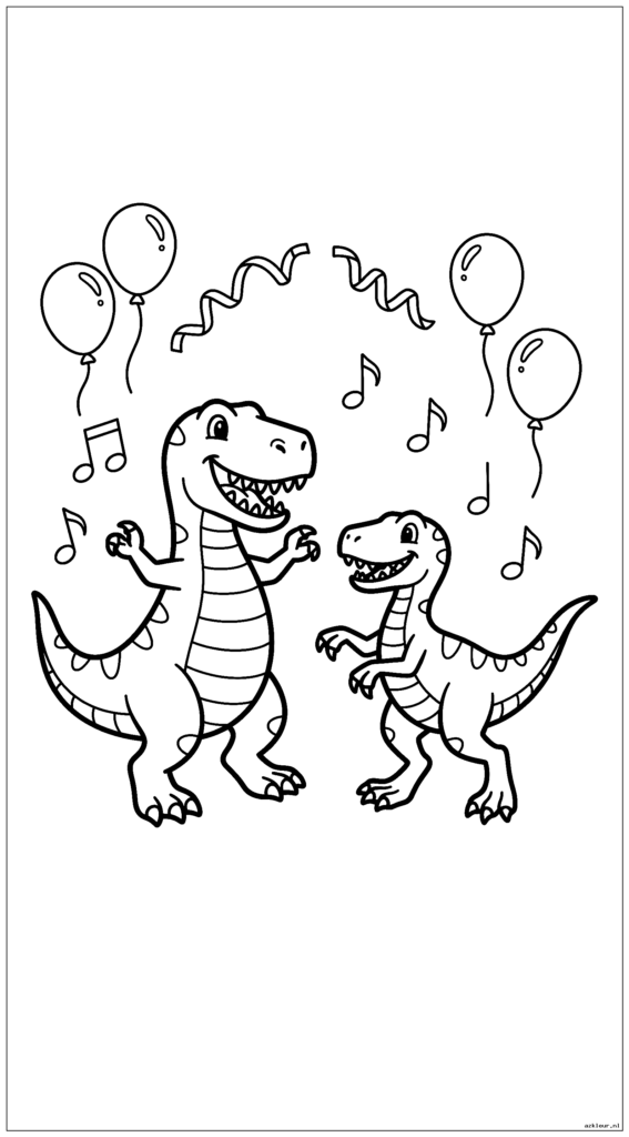 Twee dinosaurussen dansen samen op een feestje met eenvoudige muzieknoten die rondzweven en een paar versieringen
