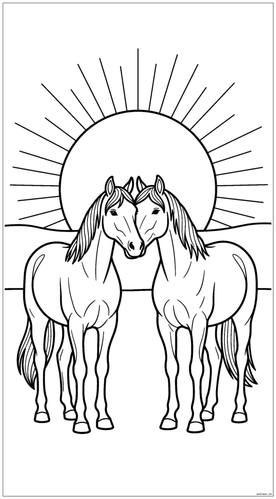 Twee paarden die liefdevol tegen elkaar aan snuffelen met een grote ondergaande zon achter zich