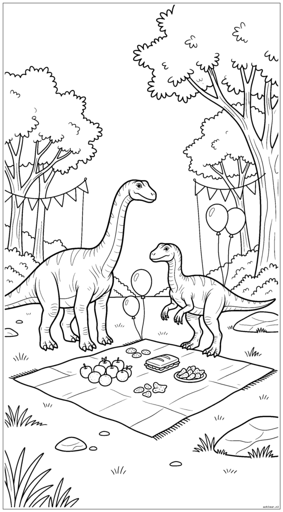Twee realistische dinosaurussen staan ​​naast een feestopstelling in picknickstijl met een deken en eenvoudige etenswaren