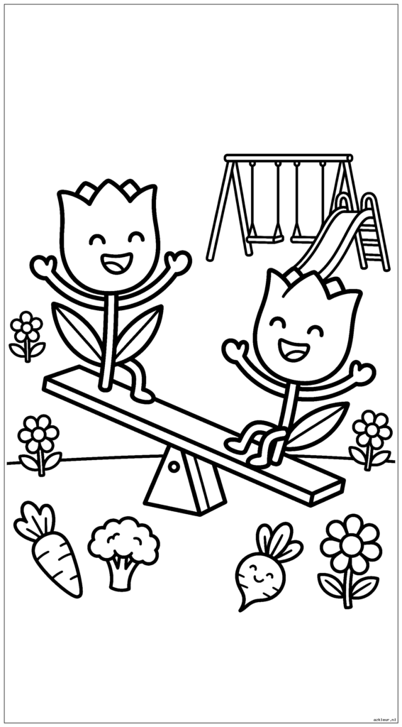 Twee tulpen spelen op een wip in een speeltuin
