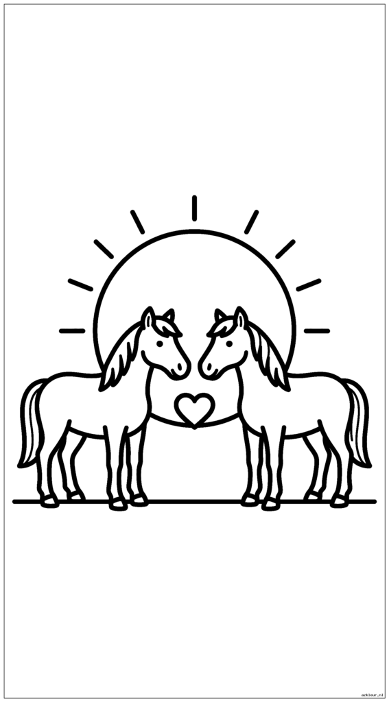 Twee vriendelijke paarden die oog in oog staan ​​met een grote, eenvoudige ondergaande zon achter hen