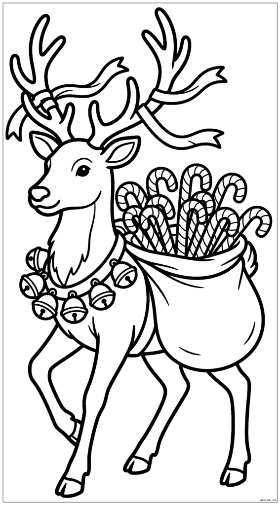 Versierde rendieren met bellen en linten die snoepstokken afleveren