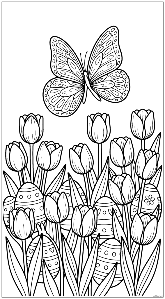 Vlinder die landt op paaseieren verborgen tussen lentetulpen