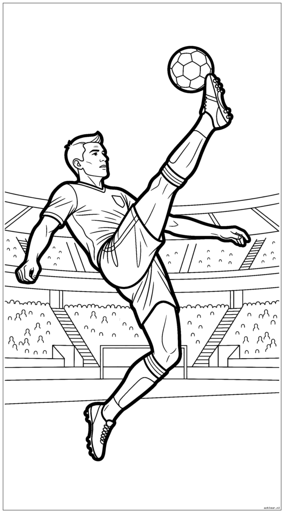 Voetballer die in de lucht een omhaal boven zijn hoofd uitvoert