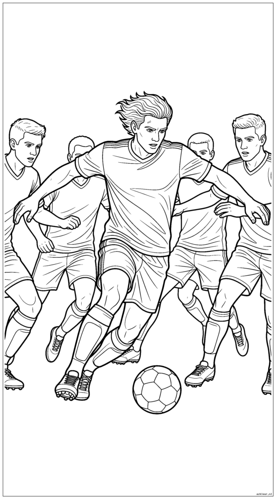 Voetballer dribbelt door verdedigers met geweldig voetenwerk