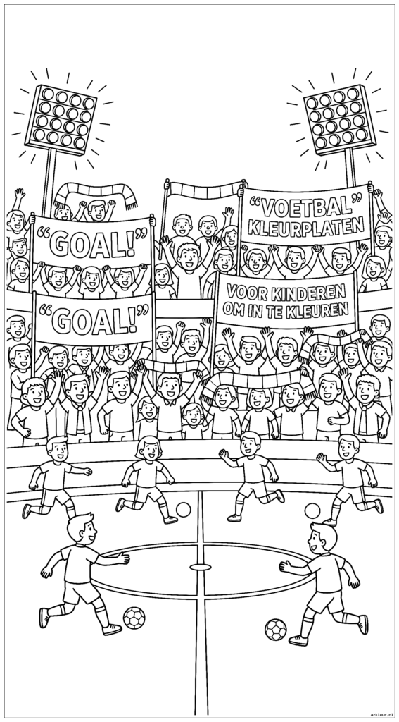 Vol voetbalstadion met fans die spandoeken en sjaals vasthouden tijdens een nachtelijke wedstrijd