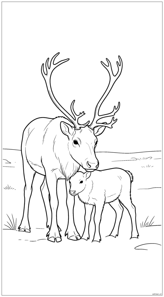 Volwassen rendieren die jong kalf beschermen in besneeuwde toendra