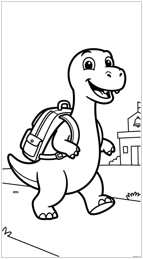 Vriendelijke dinosaurus die een rugzak draagt ​​en naar school gaat