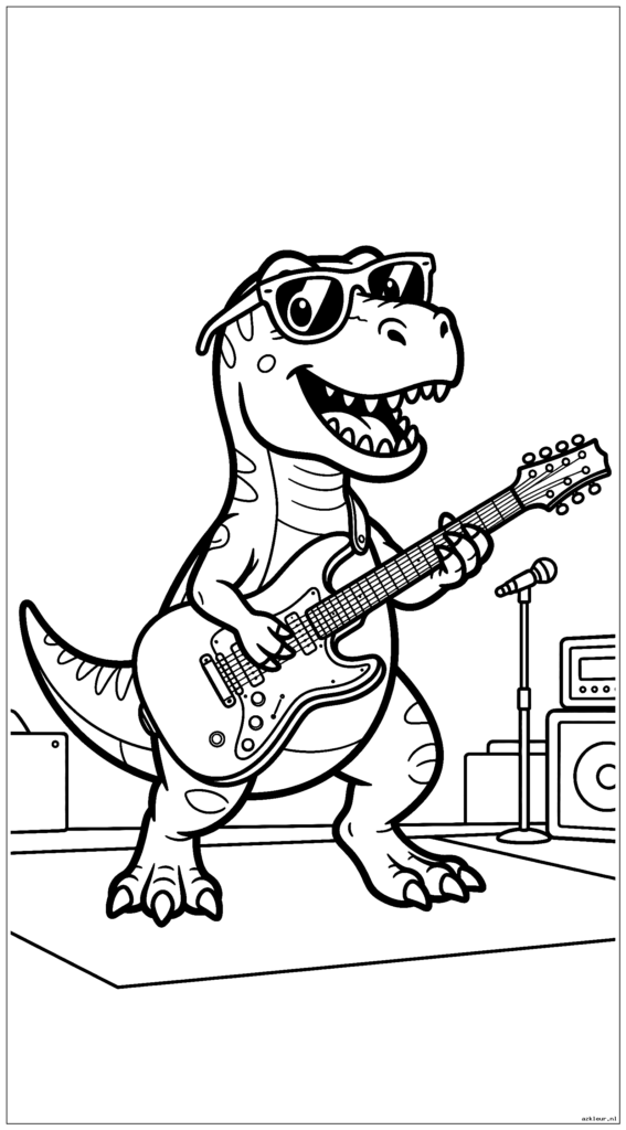 Vrolijke T-Rex draagt ​​een zonnebril en speelt een elektrische gitaar op het podium