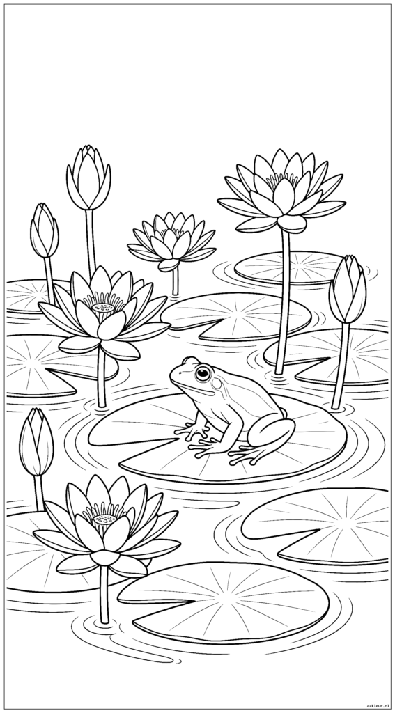 Waterlelies drijvend op een vijver met een kikker zittend op een lelieblad