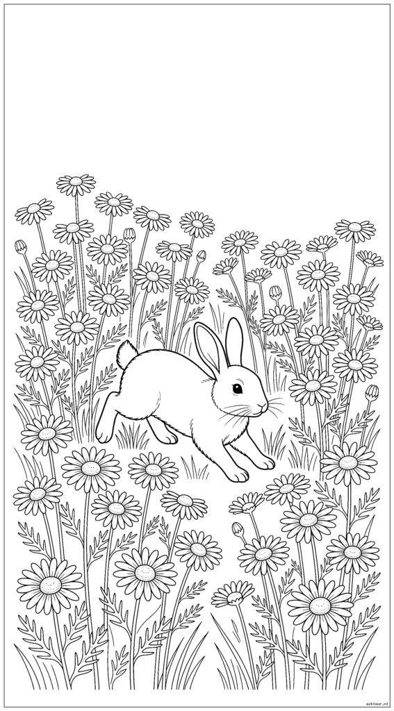 Weide met wilde kamillebloemen waar een nieuwsgierig konijn doorheen springt