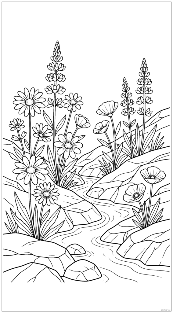 Wilde bloemen groeien tussen rotsen met een klein beekje in de buurt