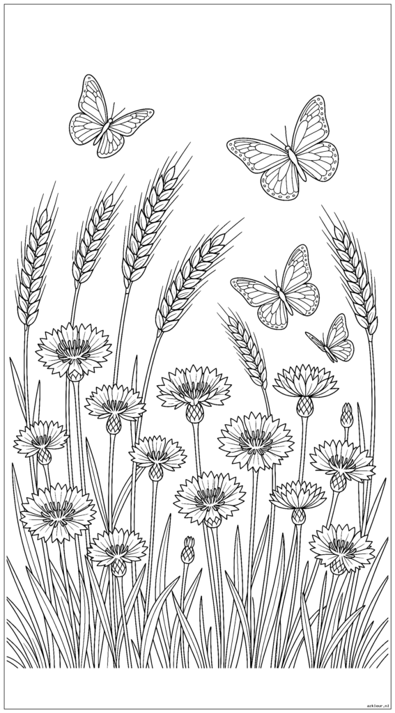 Wilde korenbloemen en vlinders dansen in een zonnig tarweveld