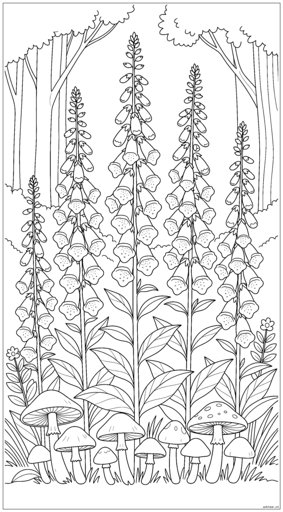 Wilde vingerhoedskruid groeit hoog tegen een bosrand met paddenstoelen aan de basis