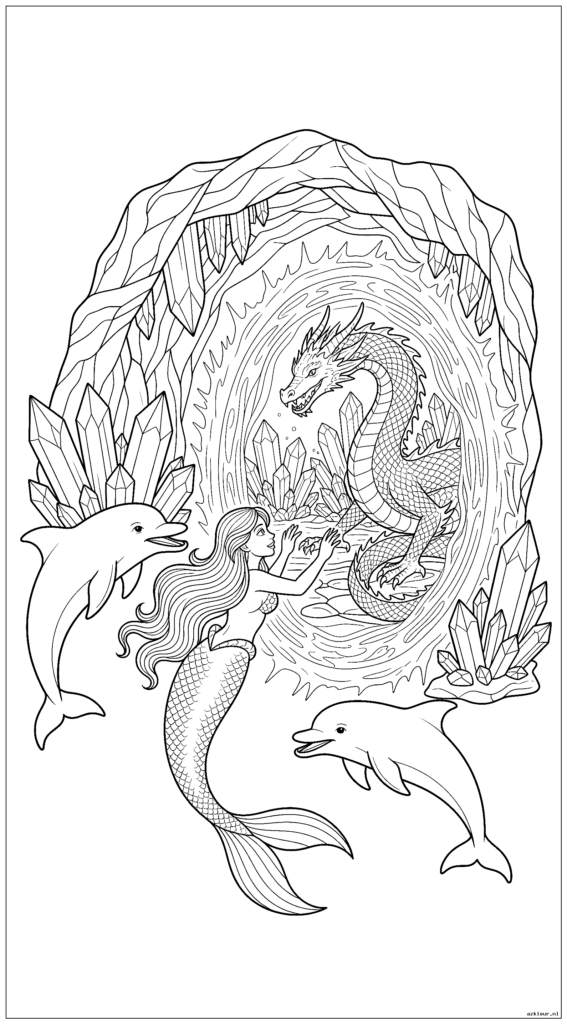 Zeemeermin en dolfijn ontdekken een portaal naar de kristallen grot van een onderwaterdraak