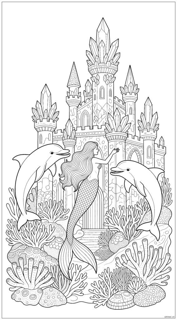 Zeemeermin en dolfijn verkennen een met kristallen bedekt onderwaterkasteel met gloeiende koraaltuinen