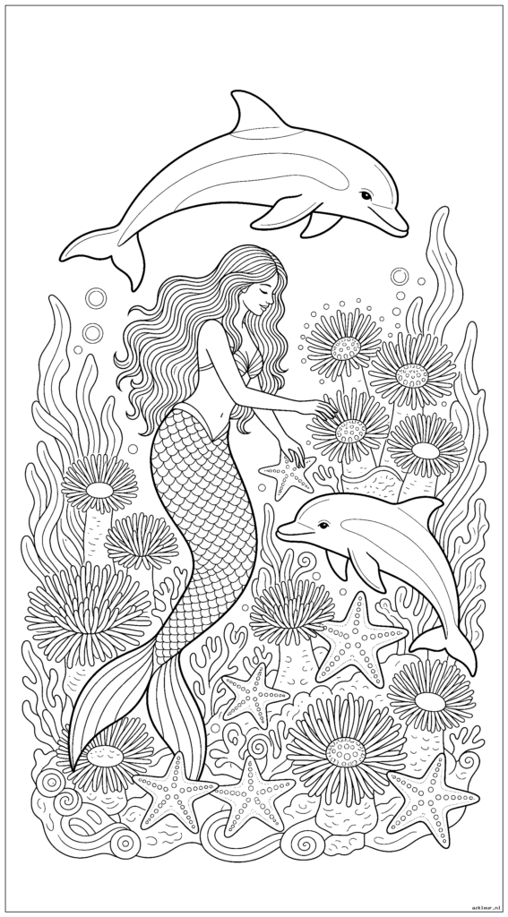 Zeemeermin en dolfijn verzorgen een magische onderwatertuin met gloeiende anemonen en zeesterren