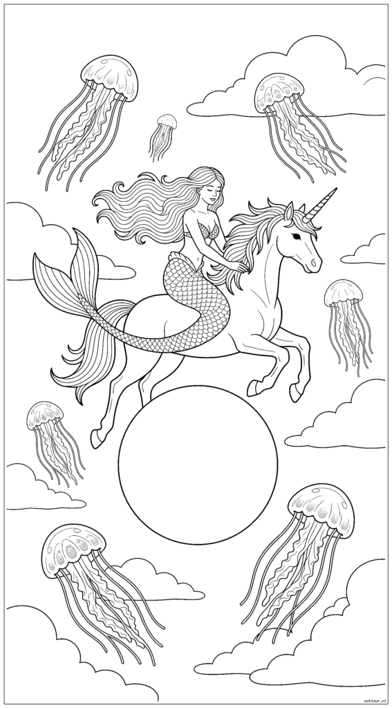 Zeemeermin en eenhoorn vliegen door wolken op een magische parel terwijl kwallen om hen heen zweven