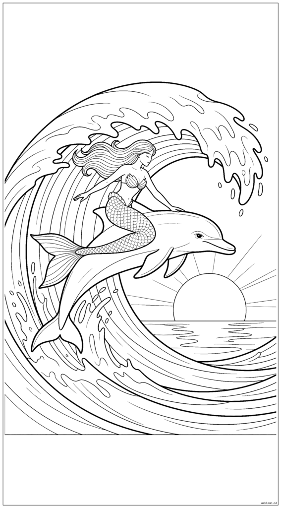 Zeemeermin rijdt op de rug van dolfijnen terwijl ze bij zonsondergang door een gigantische golf springen