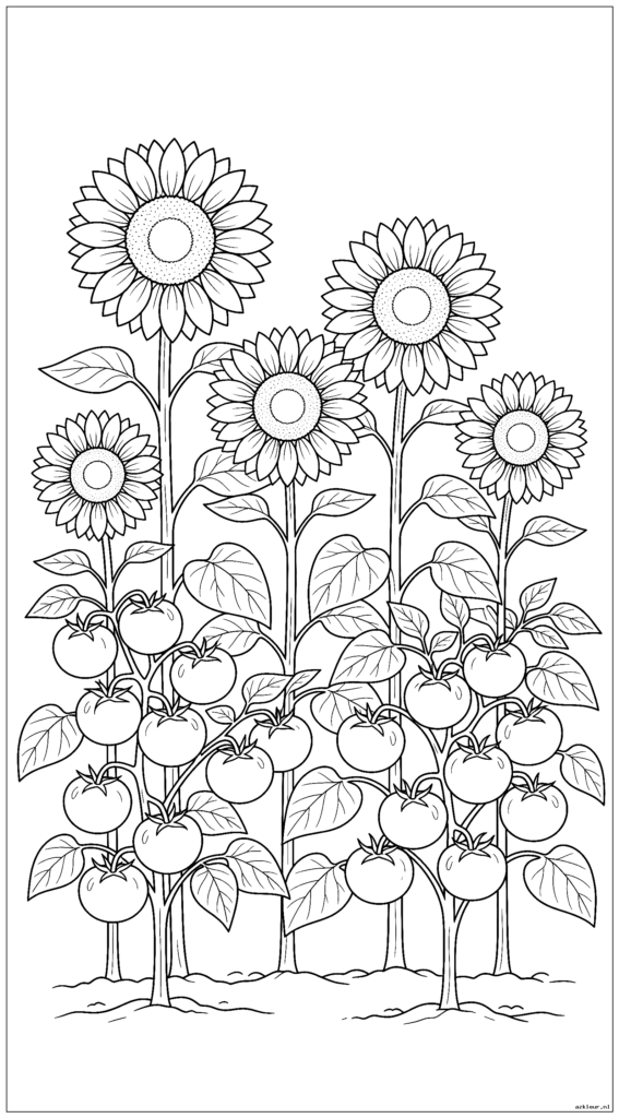 Zonnebloemen groeien naast tomatenplanten met rijpende tomaten