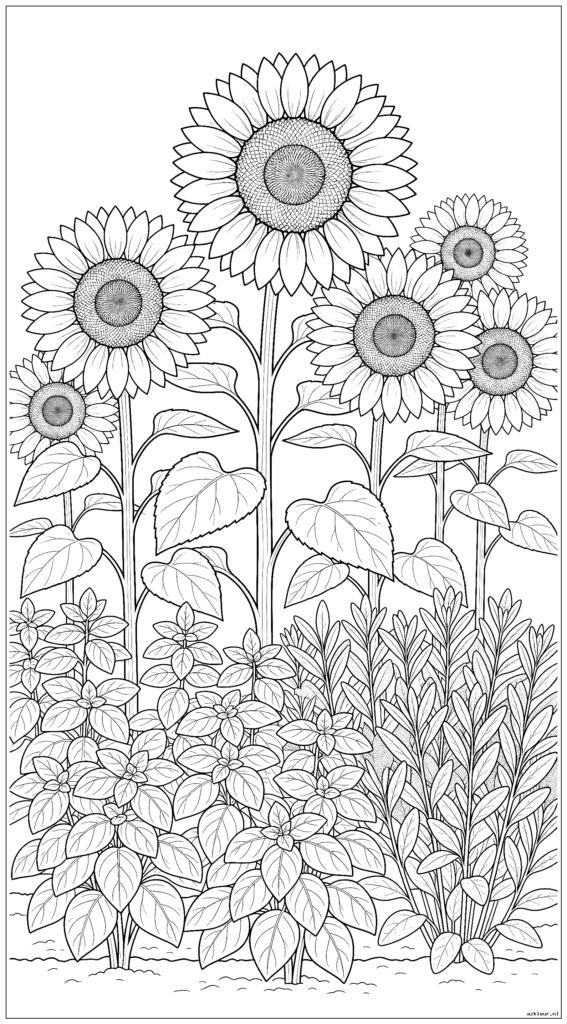 Zonnebloemen torenen uit boven de kruidentuin met daaronder basilicum en salie