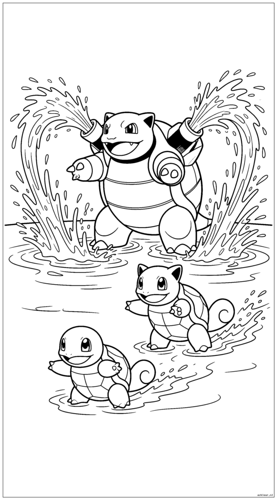 Zwem met Wartortle in een meer terwijl Blastoise een watershow creëert met zijn kanonnen